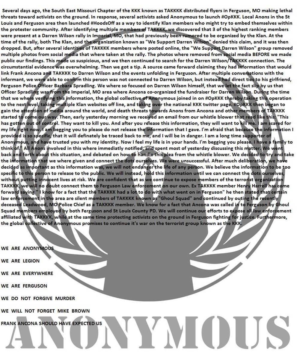 Anonymous Claims to Have Evidence Directly Connecting Darren Wilson ...