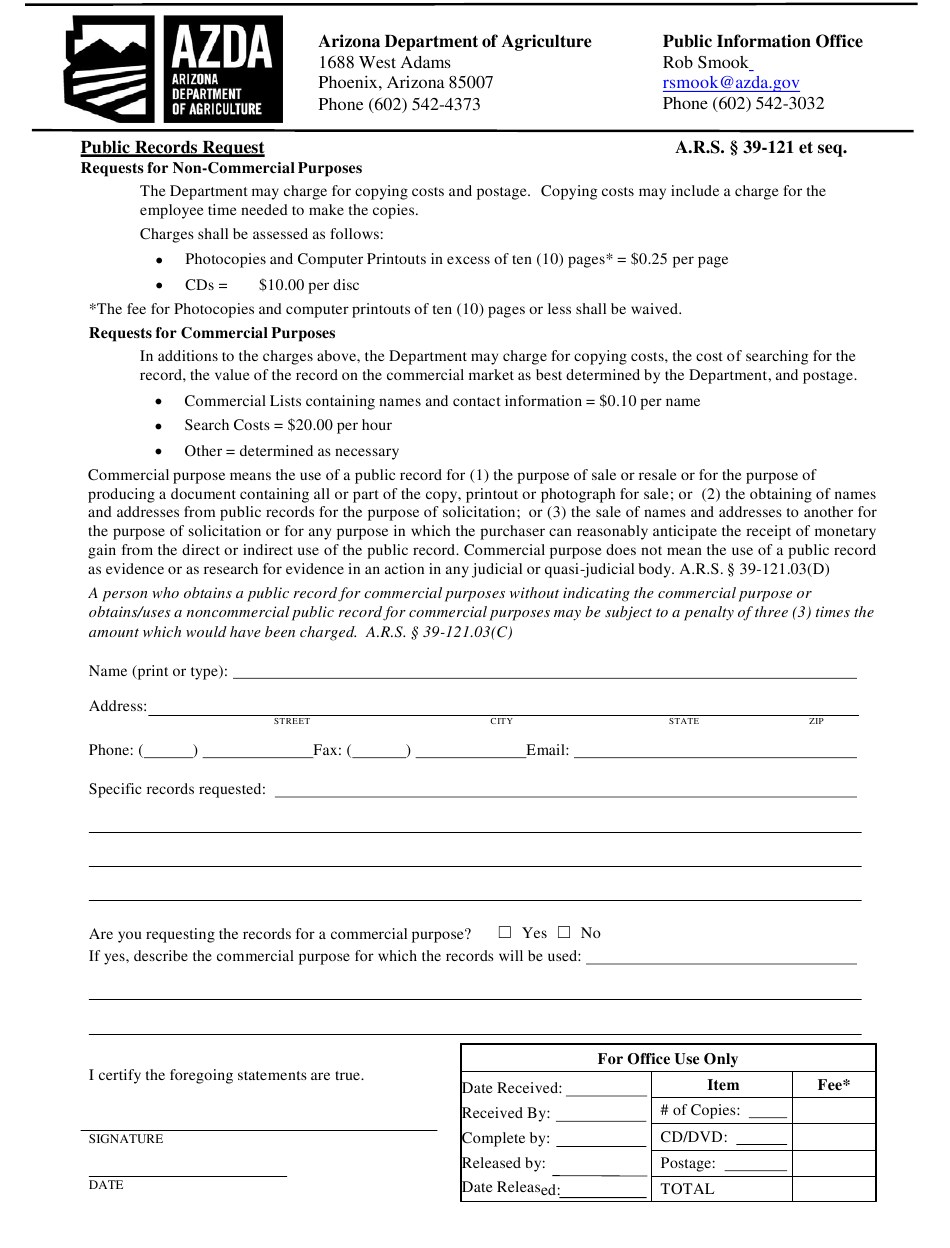 Arizona Public Records Request Form Download Printable PDF ...