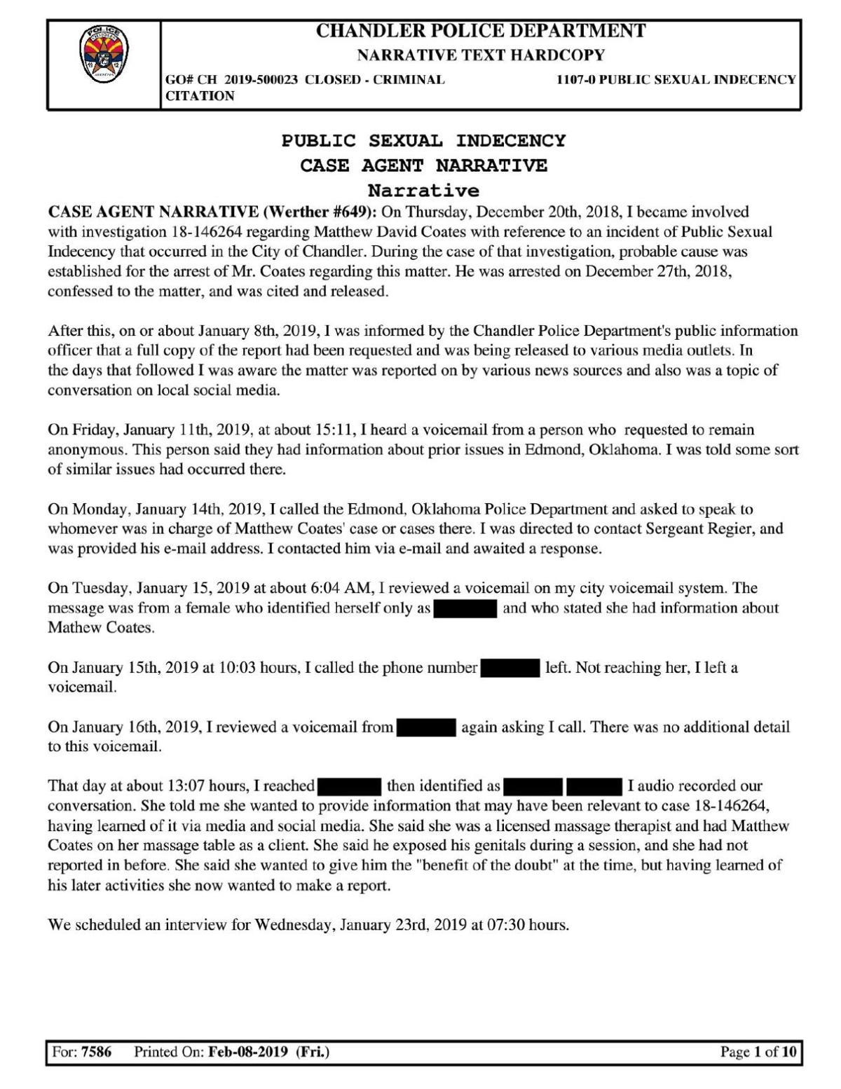 Chandler police report on Coates public indecency charge ...