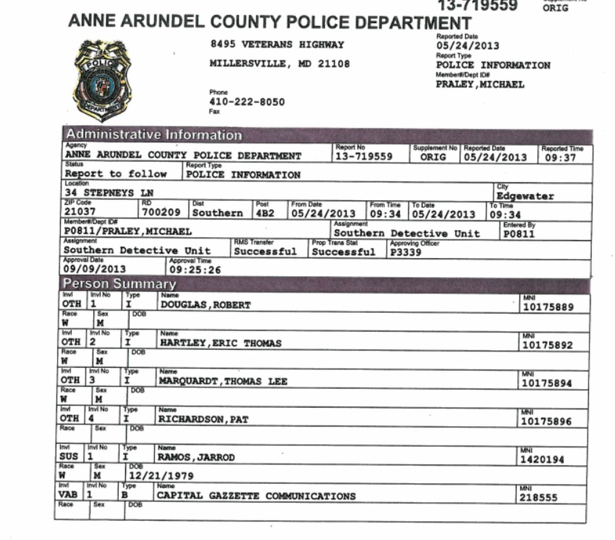 Document: Jarrod Ramos police report