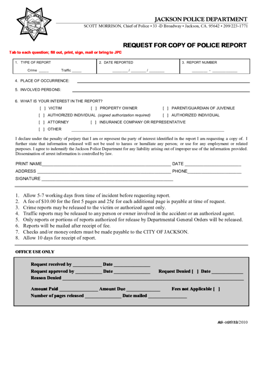 Fillable Jackson Police Department, Request For Copy Of Police Report ...