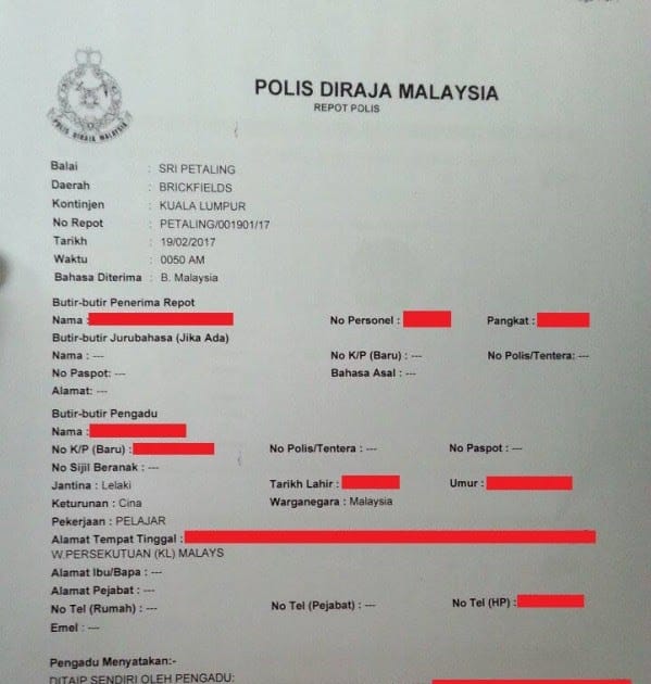 Malaysian Police Report Sample