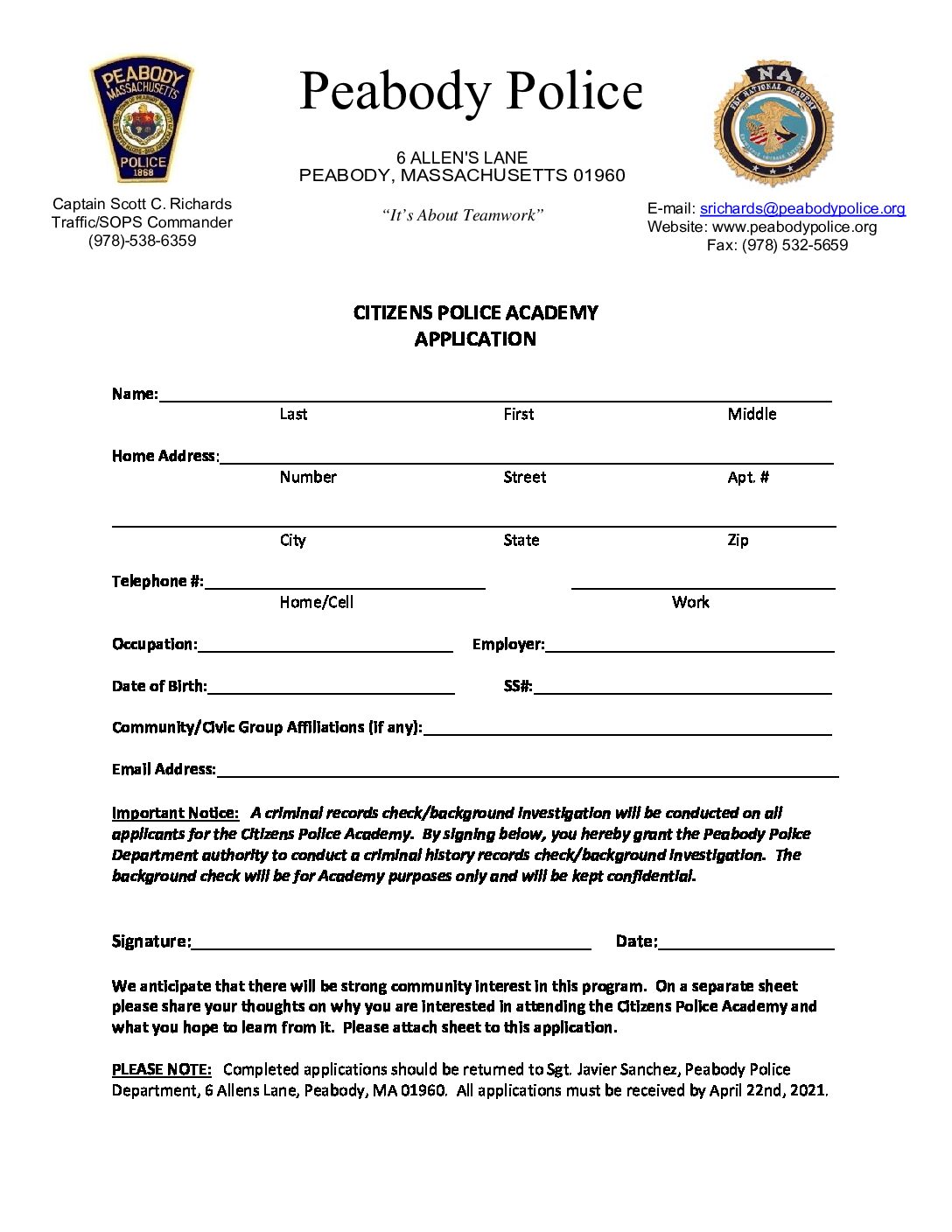 Peabody Police Citizens Academy Application
