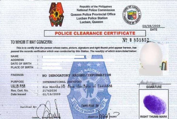 police clearance certificate sample
