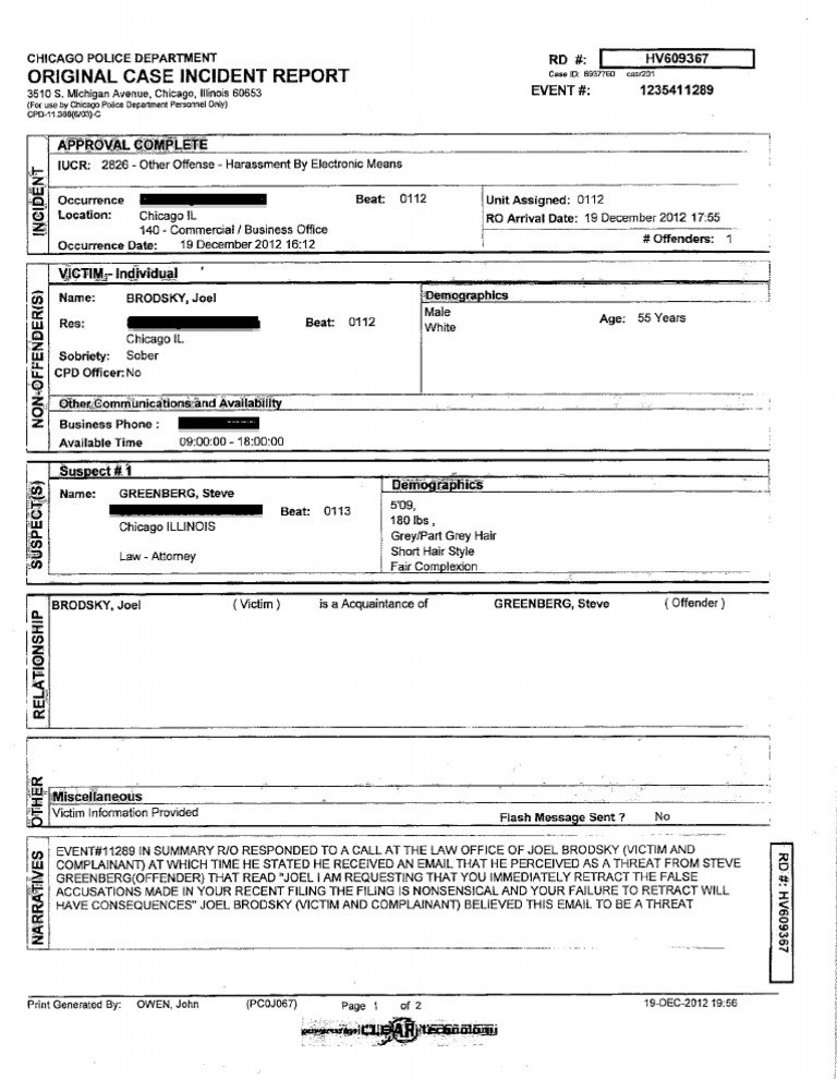 Police Report Filed by Joel Brodsky Against Steve Greenberg