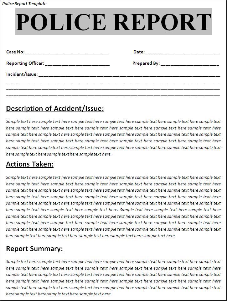 Printable Sample Police Report Template Form
