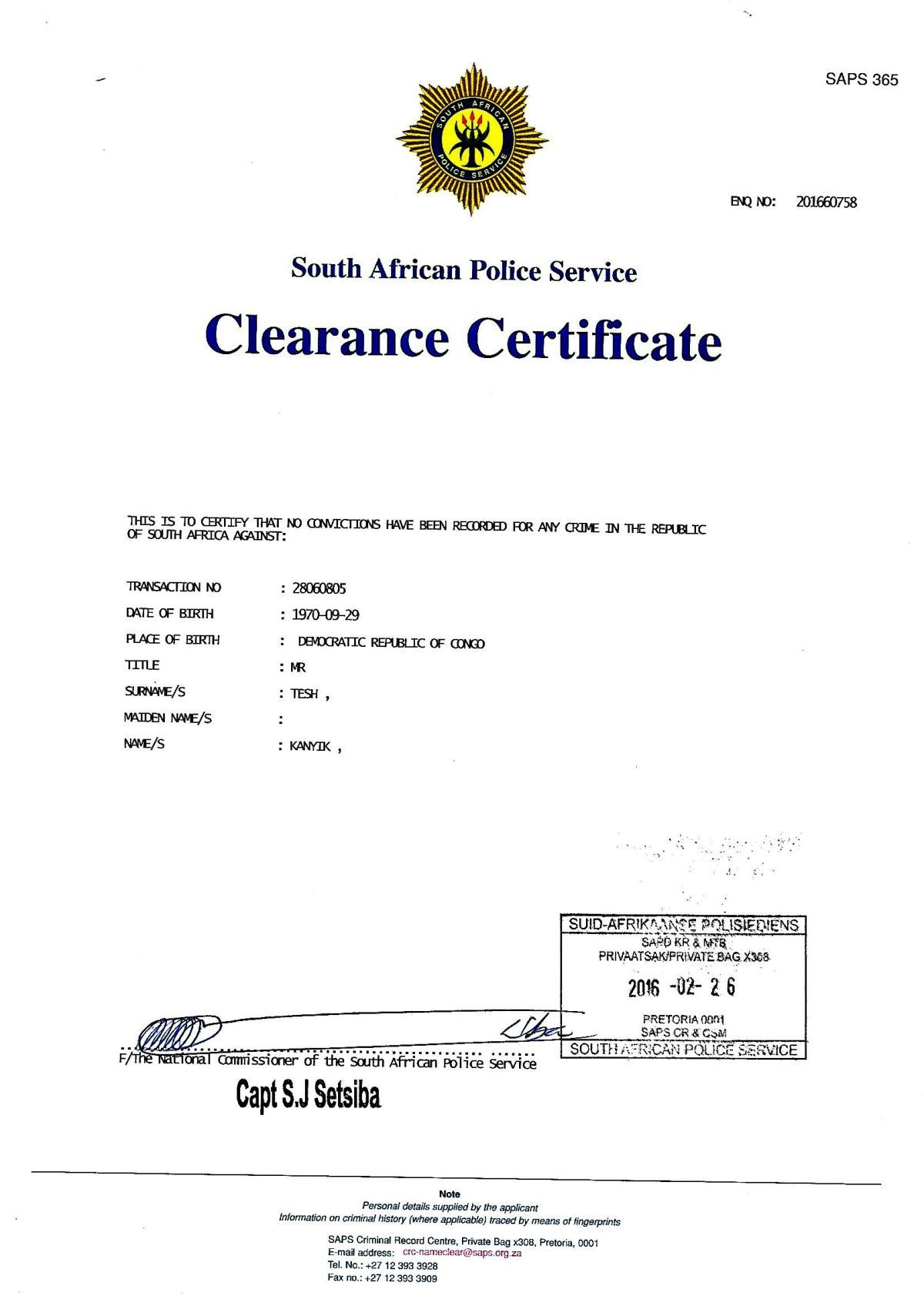 Saps Police Clearance Certificate a Concern for Security?