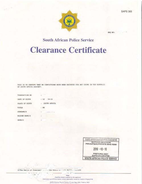 South African Police Clearance Certificate